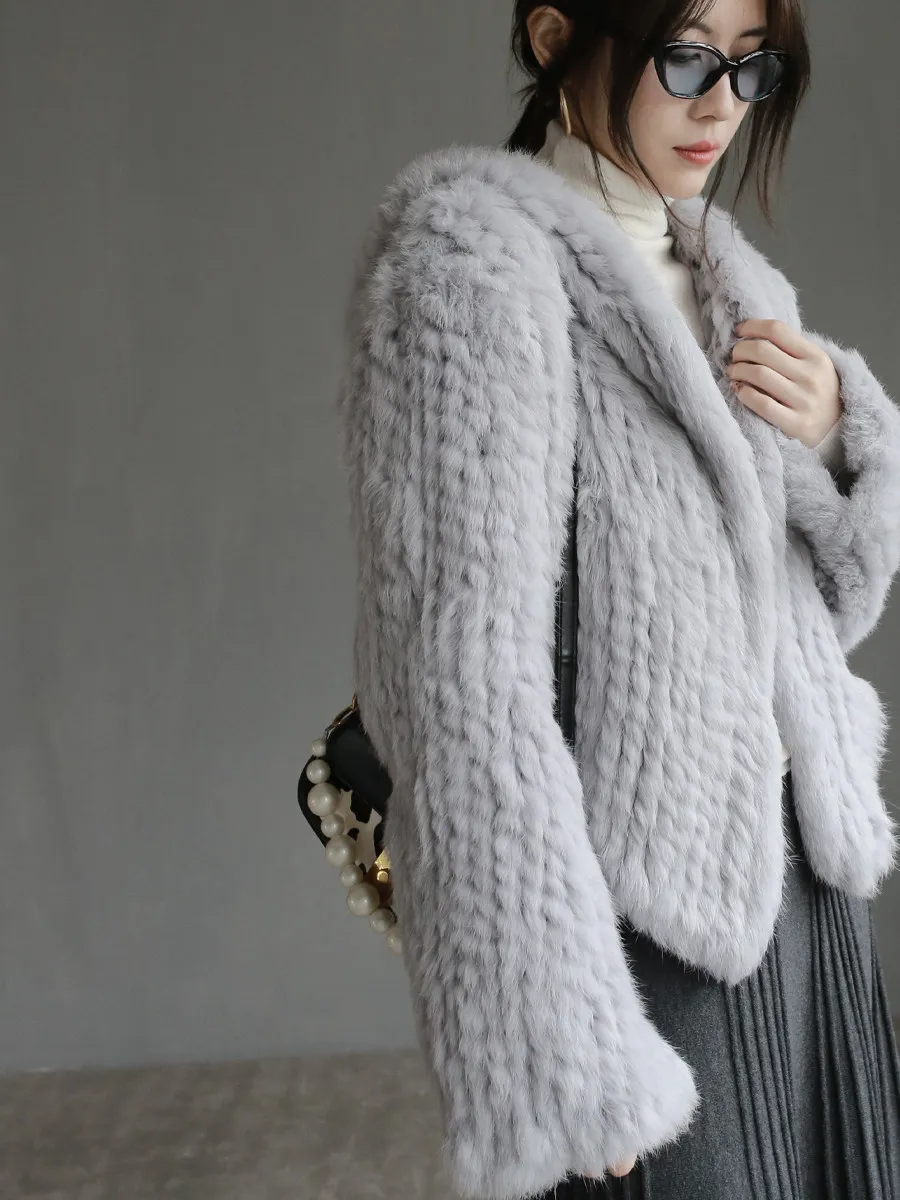 Long Sleeve Casual Loose Knitted Real Rabbit Fur Hooded Coat Women Genuine Natural Rabbit Fur Outwear Female Fur Jacket