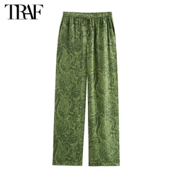 TRAF Metallic Print Pleated Trousers Women Green Wide Leg Pants for Women Summer Loose Pants Women 2024 Casual Baggy Pants Woman