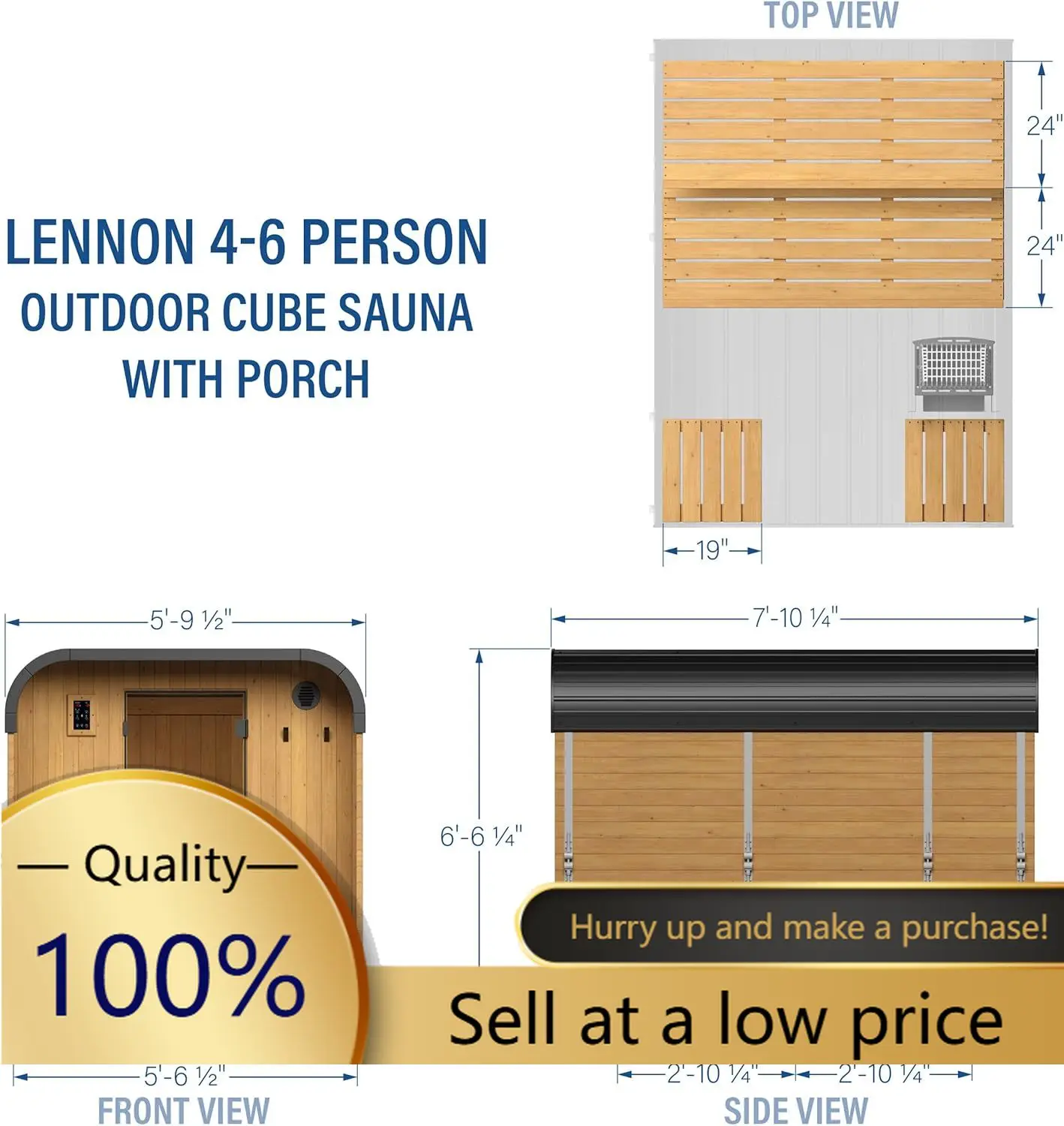 Lennon 4-6 Person Traditional Cedar Outdoor Cube Sauna with Porch, Electric Sauna Heater, Sauna Rocks, Dry Heat, Steam Sauna, LE