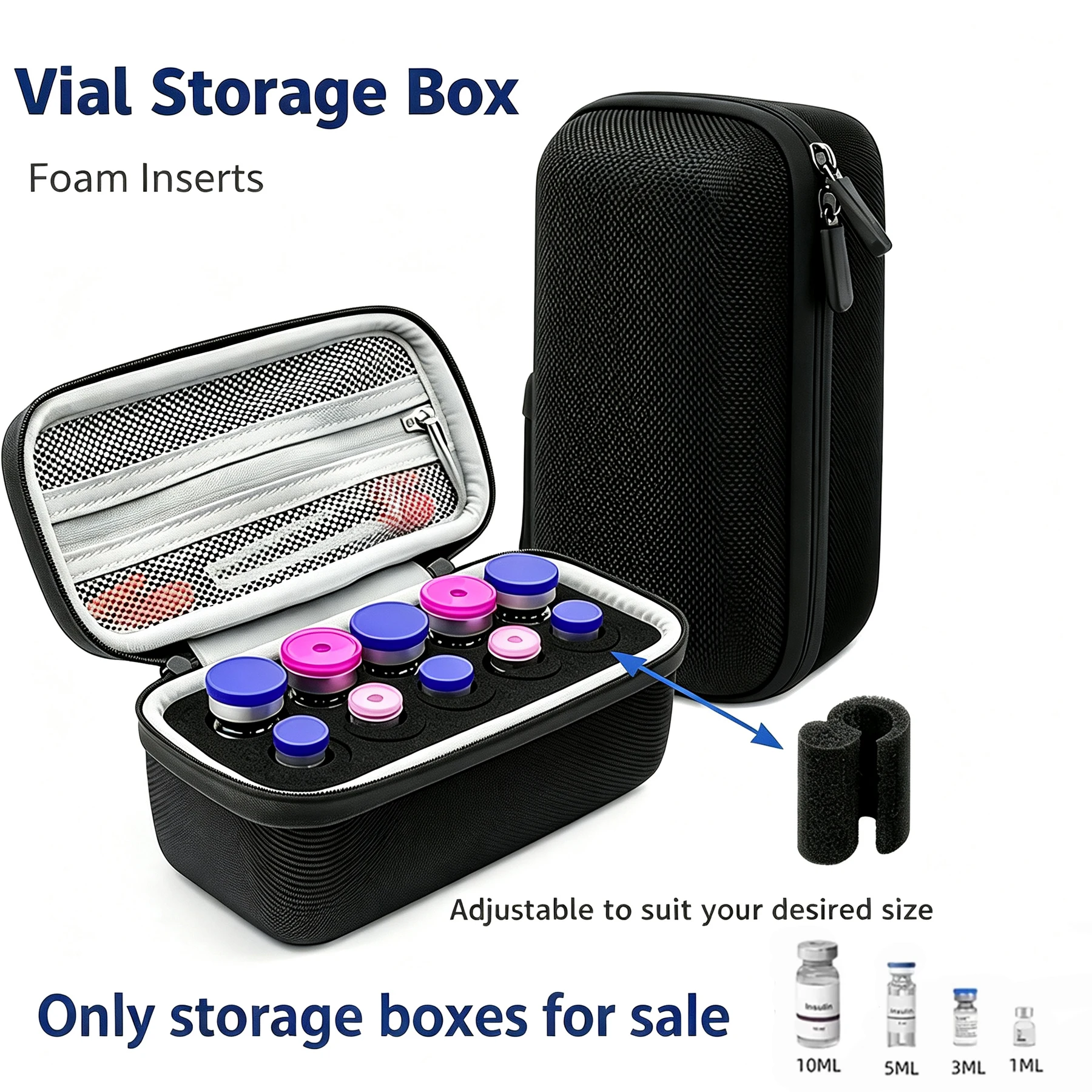 Hard Shell Portable Vial Storage Case Shock-Proof Travel Organizer for 1ml-10ml Glass Insulin Peptide Vials with Adjustable Foam