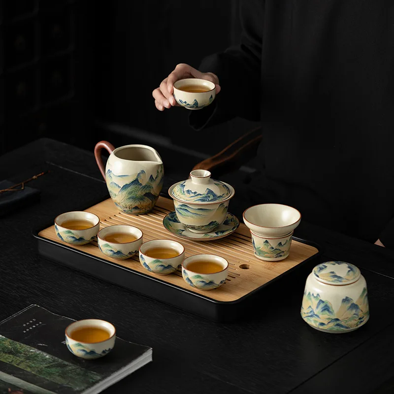 

Новый чайный сервиз Ru Kiln Kung Fu, керамический бытовой высококачественный подарок, китайский чайник, чайная чашка, чайный поднос, полный чайный сервиз