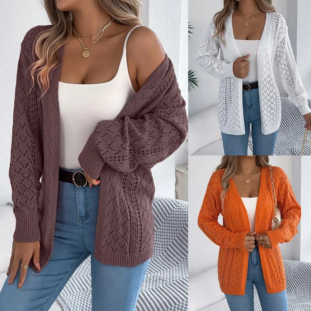 

Autumn Winter Hollow out Lantern Sve Long Sve Open Cardigan Sweater mid Length Jaet Cross Border Women's Faion