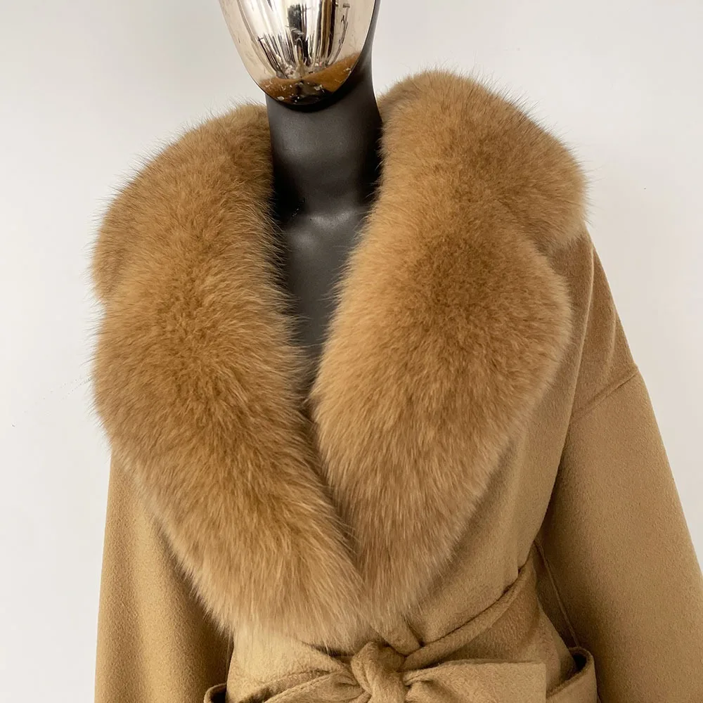 المرأة معطف الصوف 2025 جديد الخريف الشتاء ريال فوكس الفراء سترة الطبيعية الراكون الفراء الصوف سترة الإناث الدافئة الفراء الأصفاد معطف من قماش الكشمير