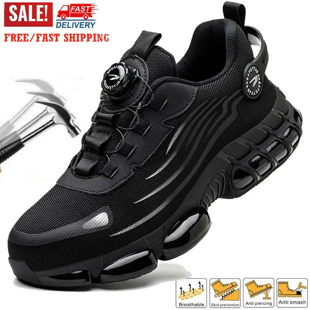 Buty robocze z regulacją za pomocą pokrętła, wygodne, miękkie sneakersy robocze, lekkie, antypoślizgowe, niskie, z metalowym podnoskiem dla mężczyzn.