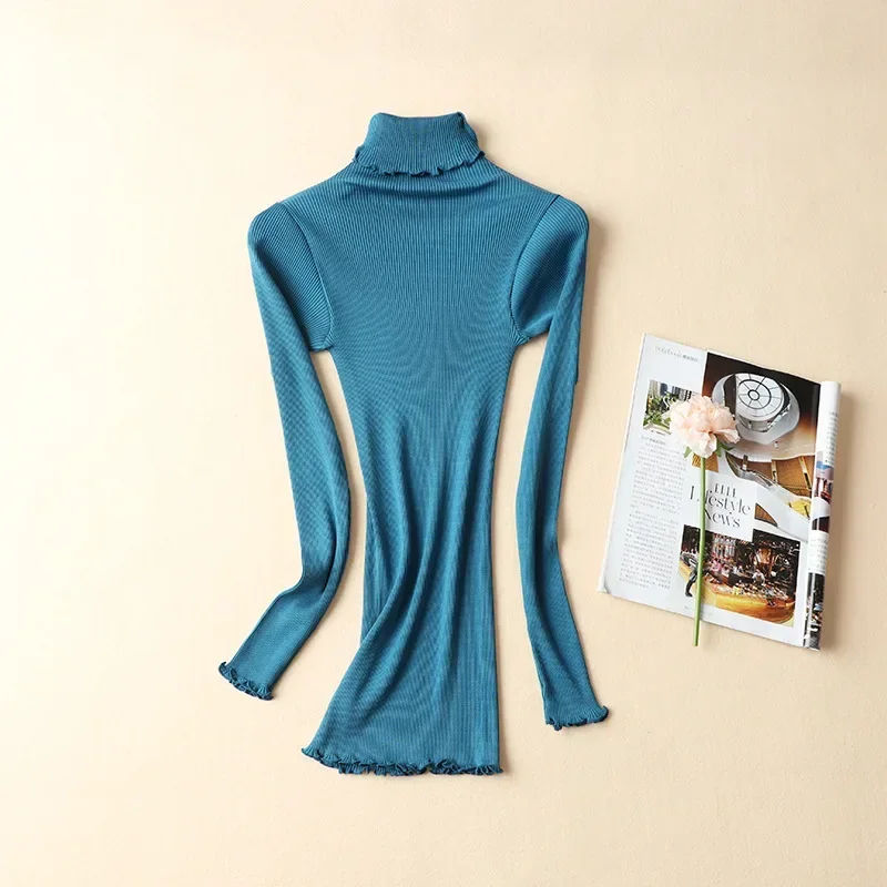 Women's Mulberry Silk Cotton Base Sweater High Elastic Slim Seamless  Long-sleeved Knit Top Turtleneck 70% Silk +30% Cotton image 5