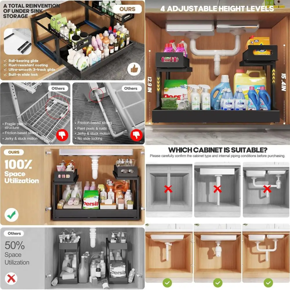

2-Tier Expandable Under-Sink Organizer with Adjustable Height and Ball-Bearing Slides - Black