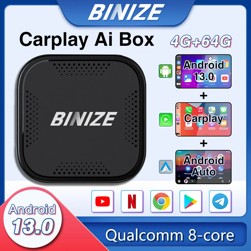 Binize CarPlay AI Box Wireless CarPlay ＆ Android Auto For YouTube Netflix  Android 13.0 2.4+5G GPS FOTA Upgrade 4G LTE