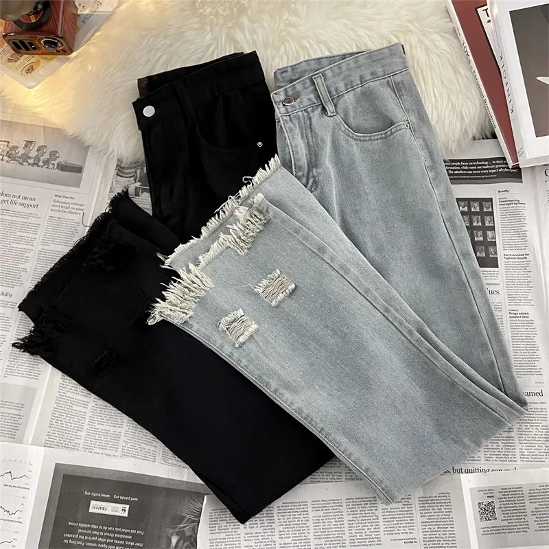 

American Retro Denim Pants Women's High Street All-Matched Frayed Tassel Holes Straight High Waist Jean Pant Office Lady Wear