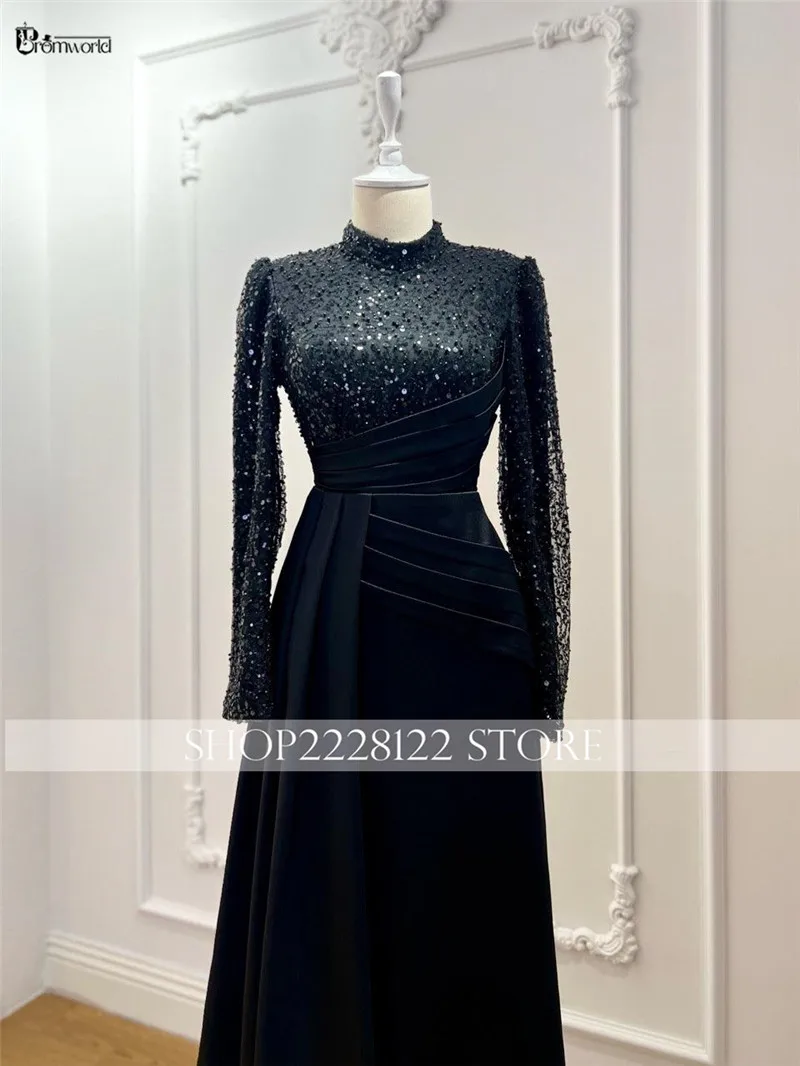 Customized Muslim Formal Dress Long Sleeves Elegant Arabic Evening Gown High Neck Beaded Satin Robes De Soirée Prom Party image 6