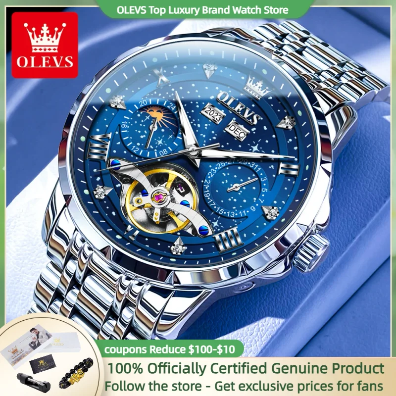 OLEVS 6690 Blue Starry Sky Watch Men Skeleton Waterproof Multi functional Chronograph Luxury Brand Automatic Mechanical Watch