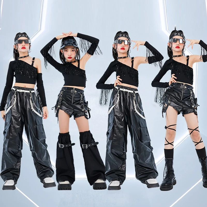 Black Jazz Dance Suit Girls Fashion Kpop Stage Outfit Cool Kids Hip Hop Dance Costume Runways Show Clothes Tassel Top Pants 1046