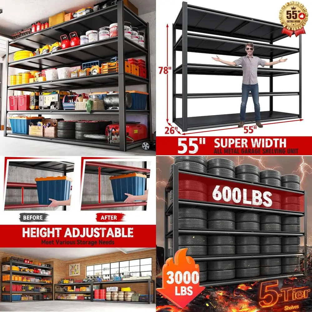 Estante de metal ajustável para serviço pesado para 5 camadas, com suporte de 3000 libras, ideal para soluções de armazenamento de garagem