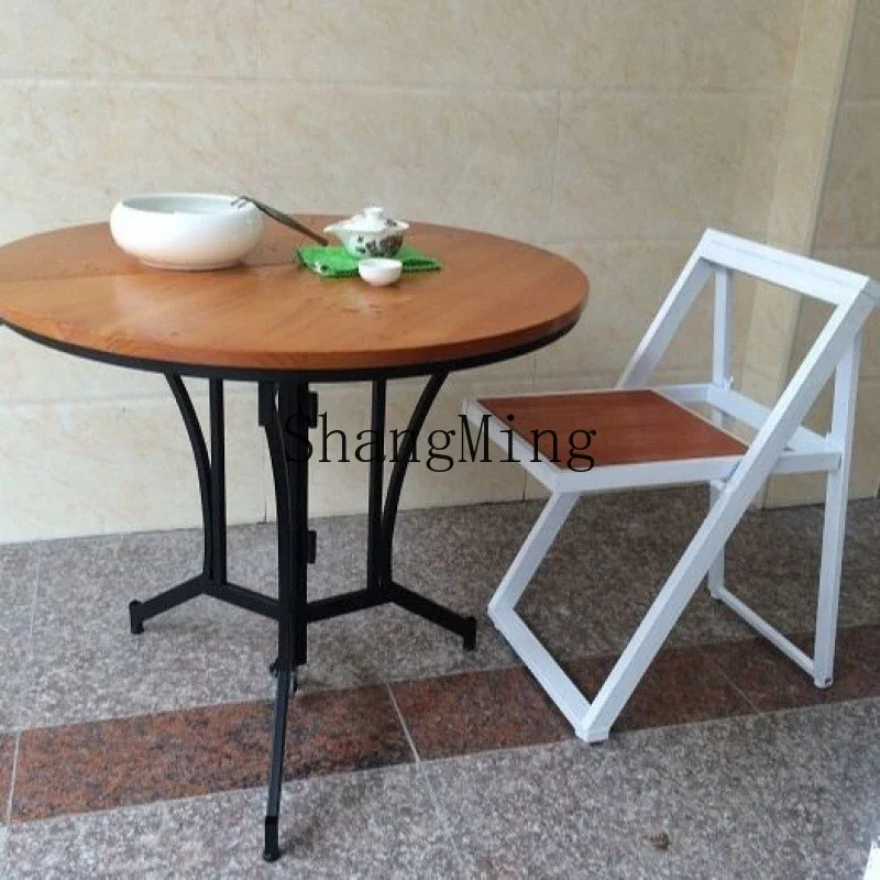 

SM Multifunctional Wrought Iron Home Furnishing Small Apartment Round Table Modern Simple Solid Wood Round Folding Dining Table