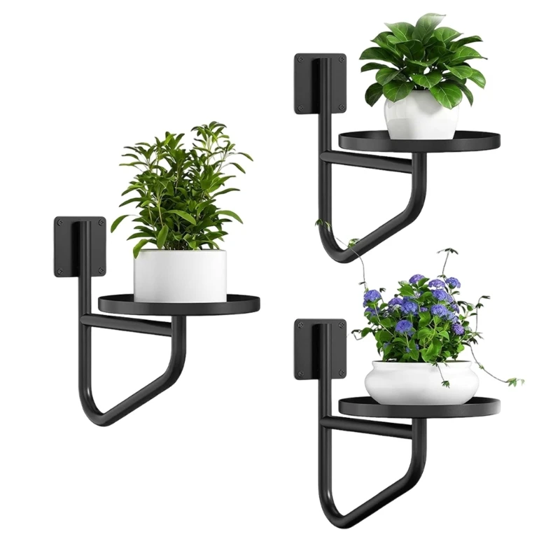 Metal Wall Mounted Flower Pot Shelf Set of 3, Space Saving Wall Holder for Small Pots, Living Room Balcony Kitchen and Use Y5GB