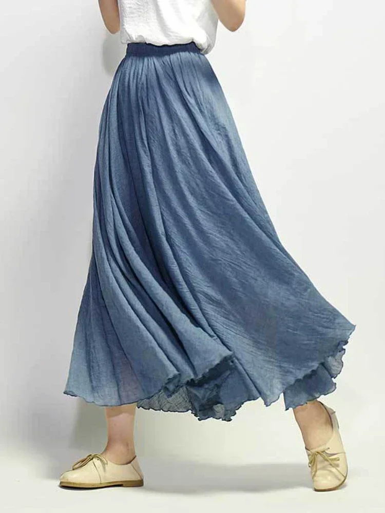 Fashion 2024 A-Line Linen Skirt Ladies Clothing Linen Maxi Skirt Pleated Vintage Boho Maxi Long Casual Beach Skirt Empire