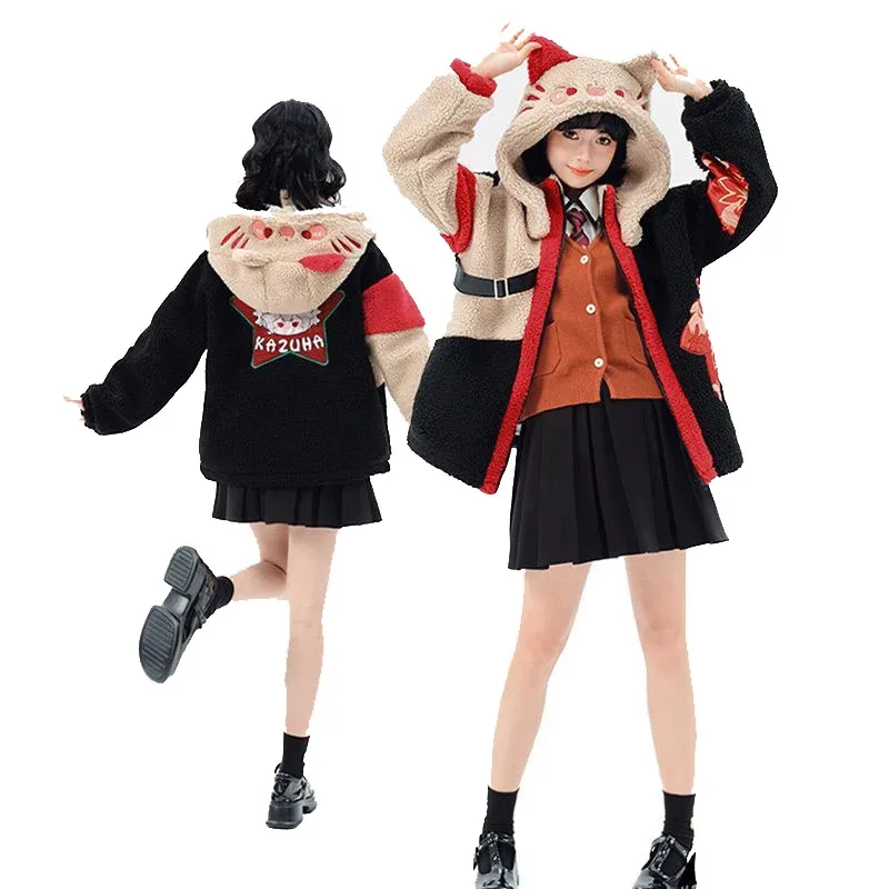 

Kaedehara Kazuha Cosplay Casual Hoodie Jacket Warm Fleece Five Kasen Cosplay Anime Coat Harajuku Sweatshirt Doujin Costume