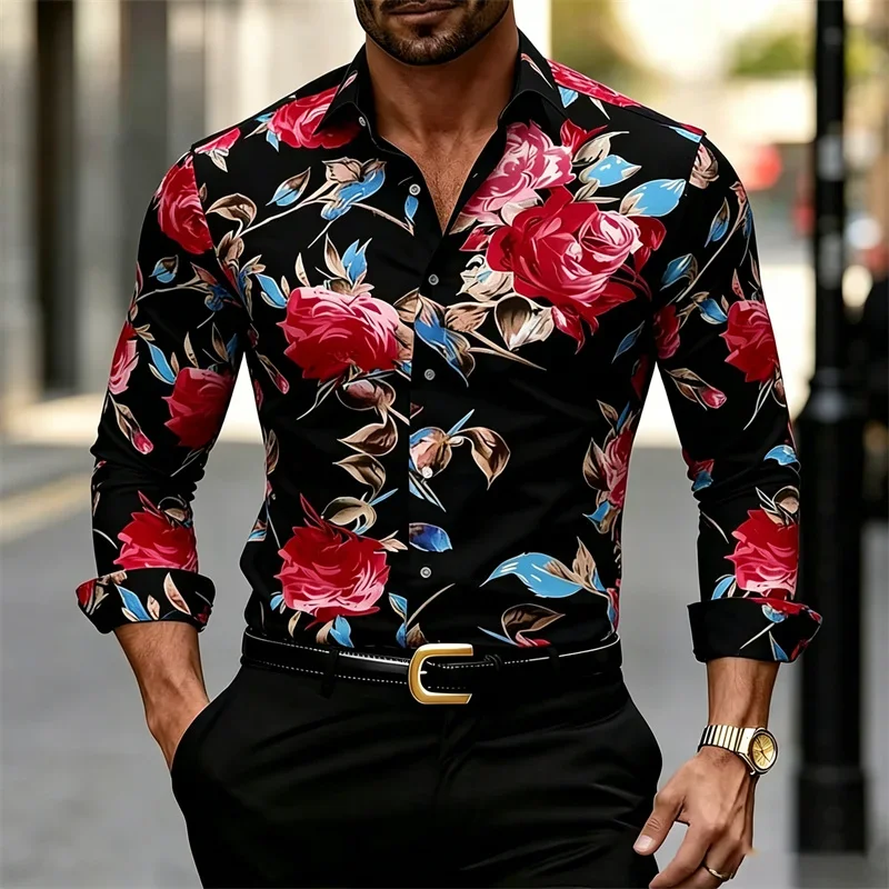 Men's Long-sleeve Collared Shirt with Floral Print, Casual Style Men's Top view 2