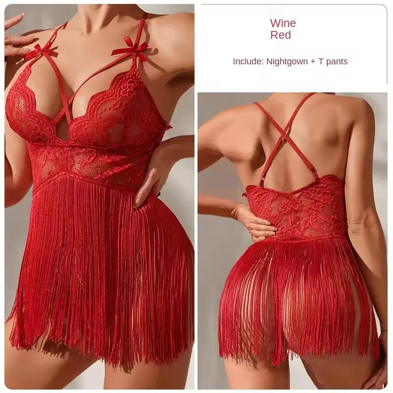 مثير المثيرة مجموعة Crotchless الدانتيل الصدرية انظر من خلال مثير شرابة عارية الذراعين باس النوم كلوبوير النساء الملابس الداخلية اللباس