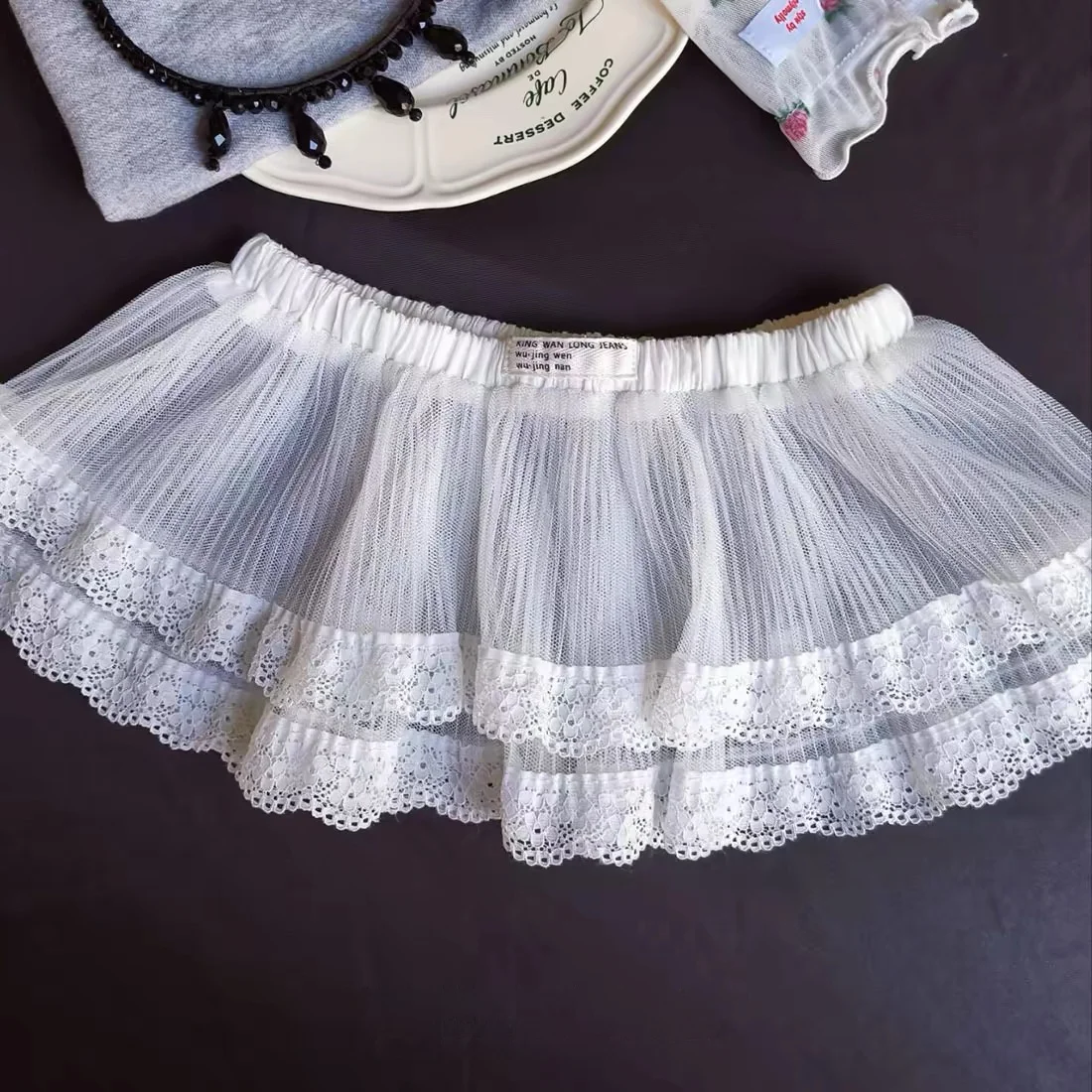 White Lace Pleated  Skirt Korean Style Cake Skirt High Waist Floral Pattern Short Skirt over Skirt Design Spring 2025