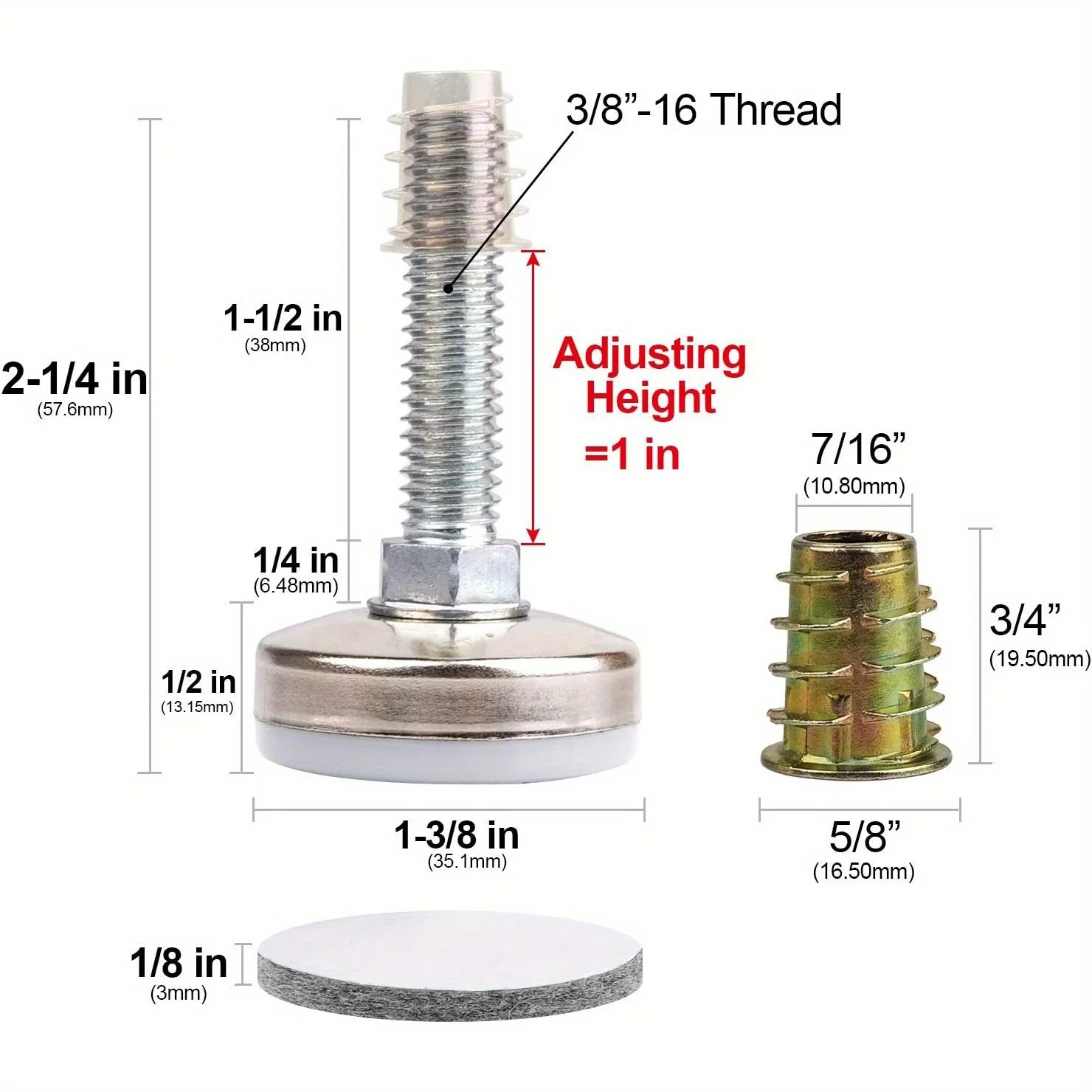 Pieds de Meubles Réglables, 8 Pièces, Support de 1320lb, Kit d'Écrou en T, Filetage 3/8-16