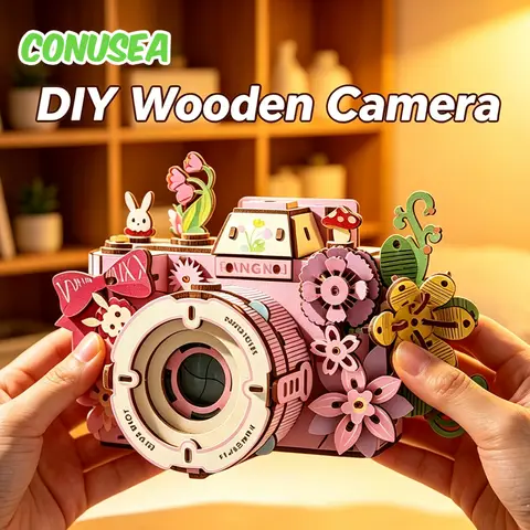 DIY Wooden Camera Model Assembled Eternal Flower 3D Building Blocks Puzzle Holiday Christmas Birthday Gifts