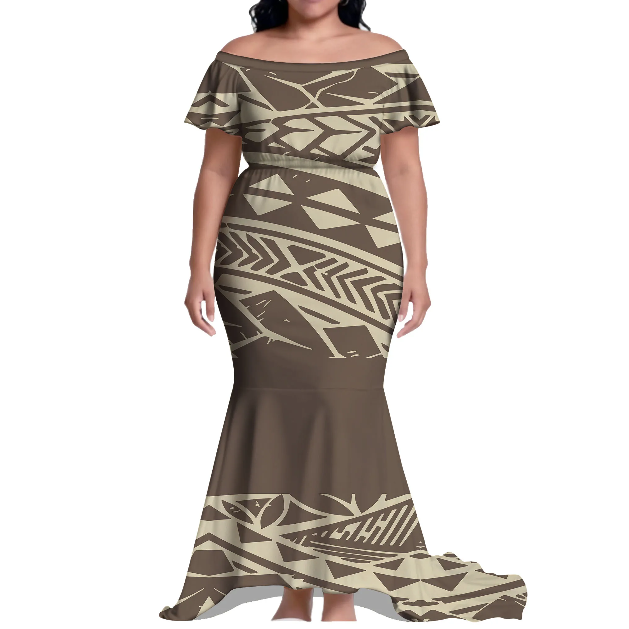 Summer Comfort One-Shoulder Cinched Fishtail Dress Long Floor-Length Women'S Dress Polynesian Custom Pattern