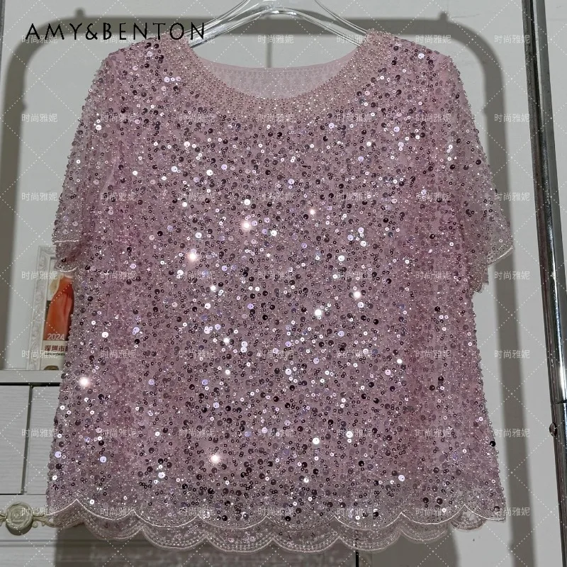 

Fashion Temperament Lady Top Crew Neck Short Sleeves Shirt Heavy Industry Sequin Lace Pearl Detail Soft Mesh Casual Daily Blouse