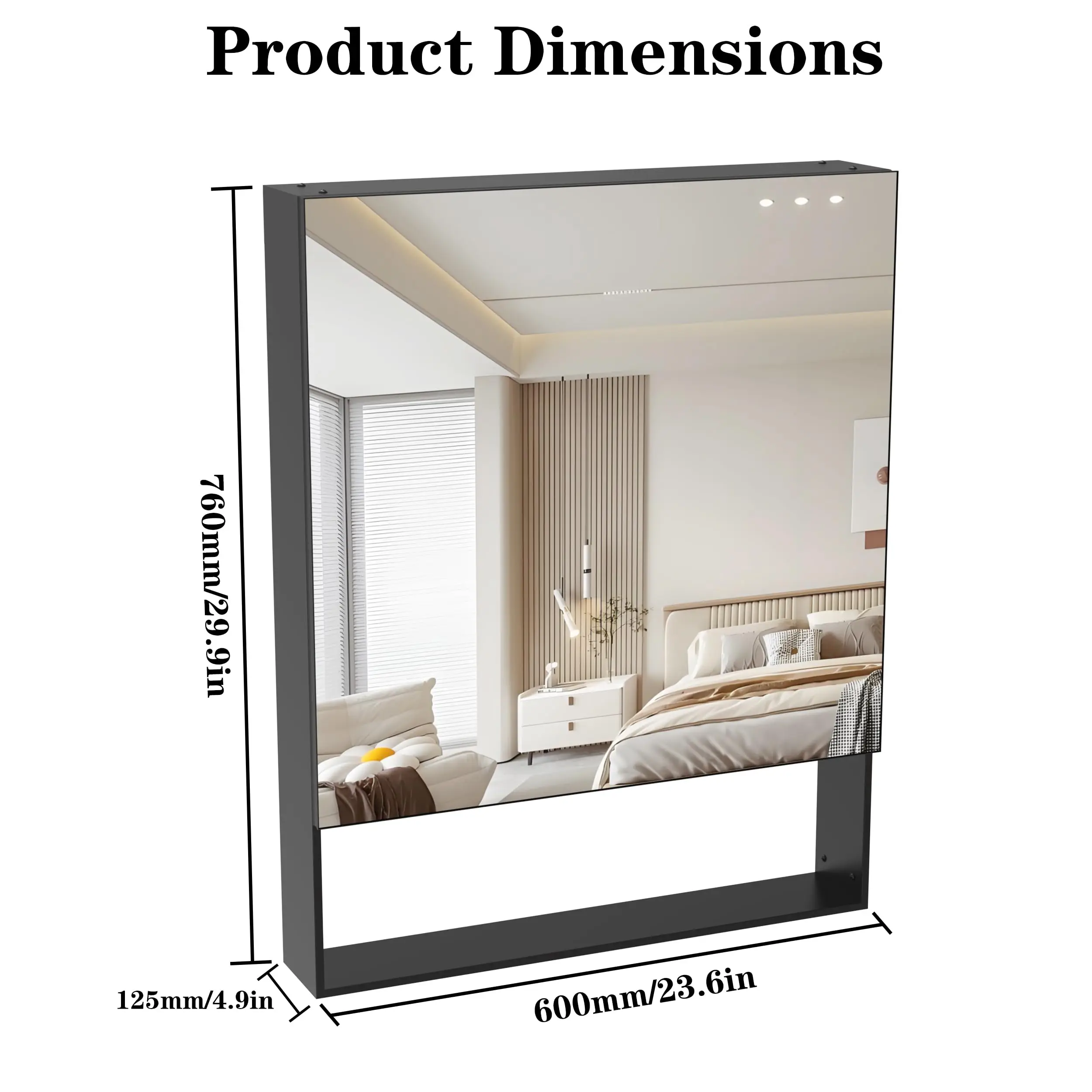 24 Inch Wall Mounted Medicine Cabinet with Mirror, Adjustable Shelves and Aluminum Frame, Over Vanity Storage, Black