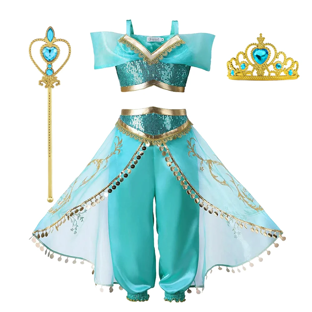 Jasmina Dress Girl Movie Aladdin Princess Cosplay Children Costume Deluxe Lace Sequin Kids Birthday Party Outfits