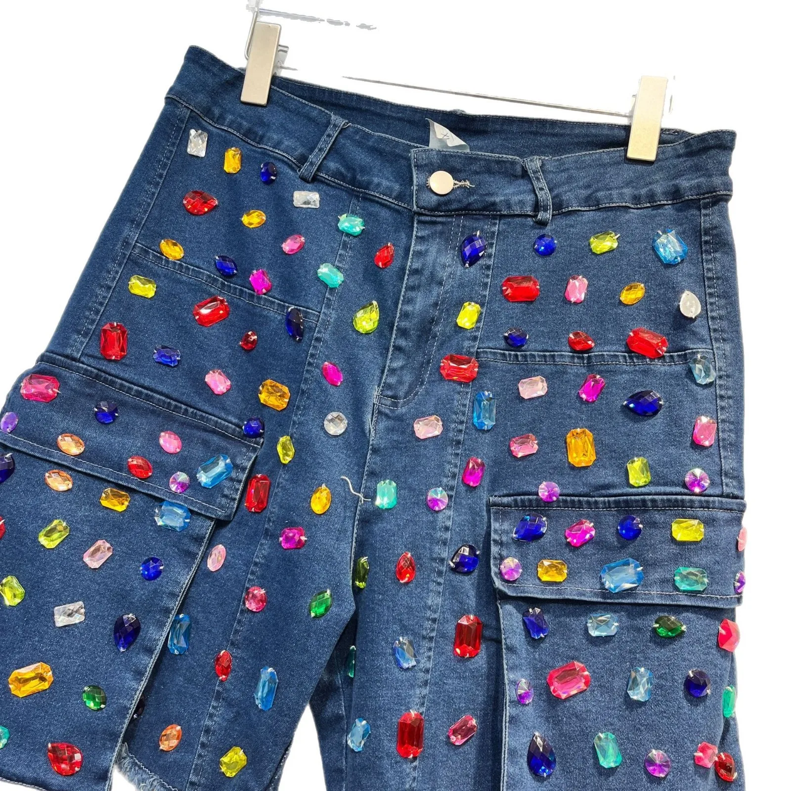 Design Sense Heavy Industry Color Diamond Denim Shorts Women's Summer New High Waist Loose Wide Leg Booty Shorts