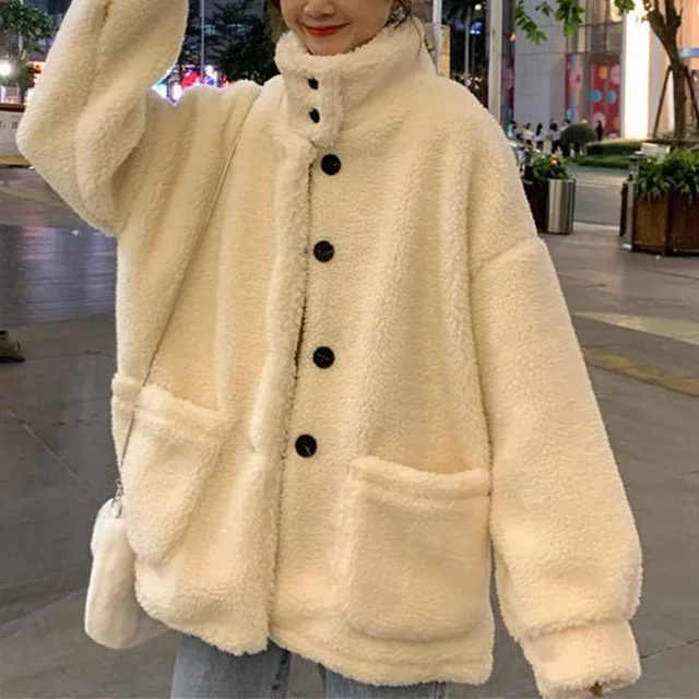Frauen Verdickte Lamm Pelz Samt Jacke Herbst Winter Lose Fit Koreanischen Stil Tasche Volle Hülse Student Casual Velboa Top Mantel