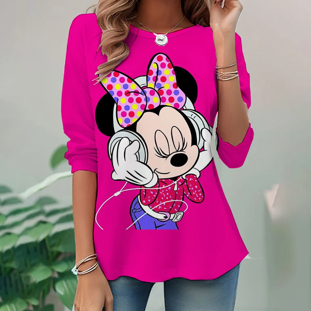 Women's O-neck T-shirt with Disney, Minnie Mouse print, fashionable Y2k street wear, spring and autumn long sleeved women's T-sh