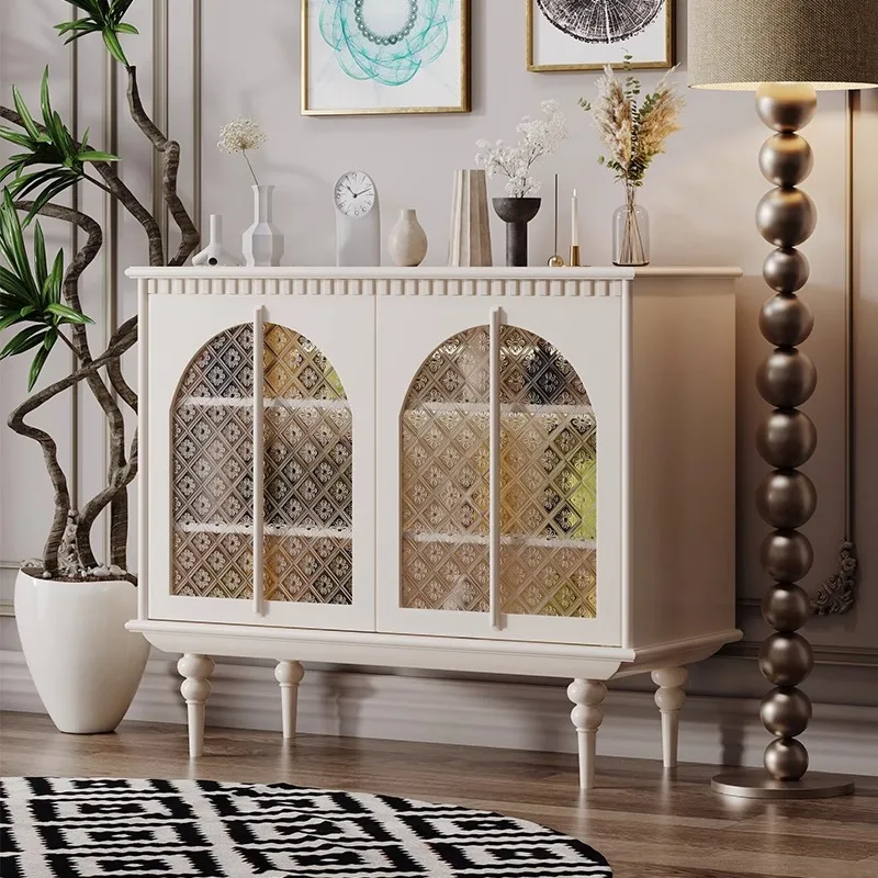 Cream Style Sideboard Entryway Cabinet with Sensor Light Glass Display Cabinet Luxury Solid Wood