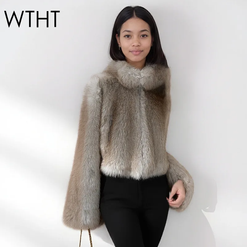 

WTHT 2025, зимняя новая модная женская шуба из искусственного шерсти, модная повседневная плюшевая куртка с воротником-стойкой и длинными рукавами, женская 1LS2733