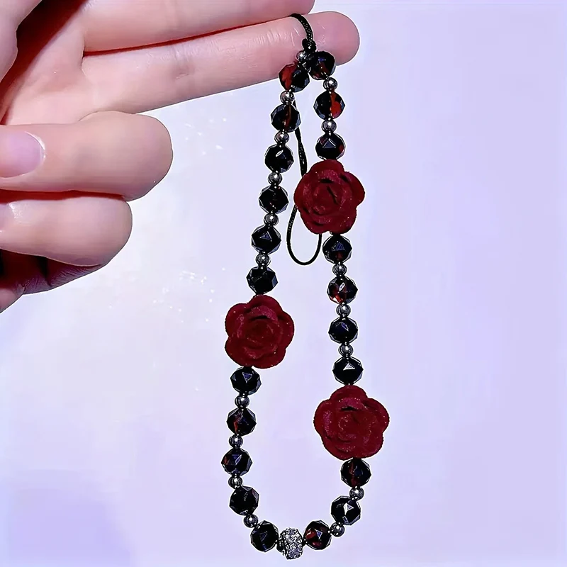 1PCS Wine Red Rose Flower Phone Chain Charm Resin Beads Phone Chain Cellphone Strap Wallet Camera Bag Decor Jewelry Accessories view 5