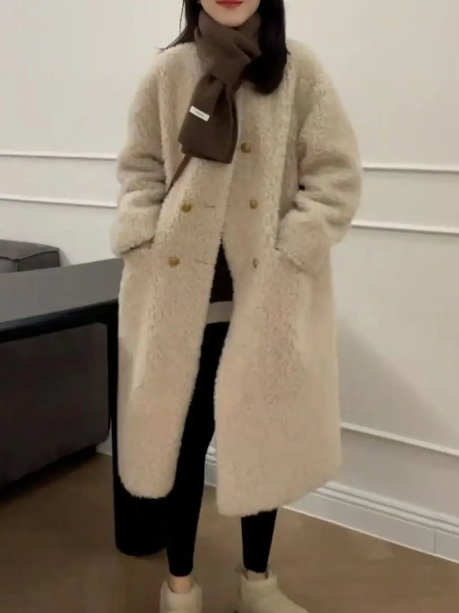 

Женское модное пальто из овечьей шерсти средней длины, теплое, универсальное, свободного кроя, осенне-зимнее, в корейском стиле, с круглым вырезом, на двойной пуговице