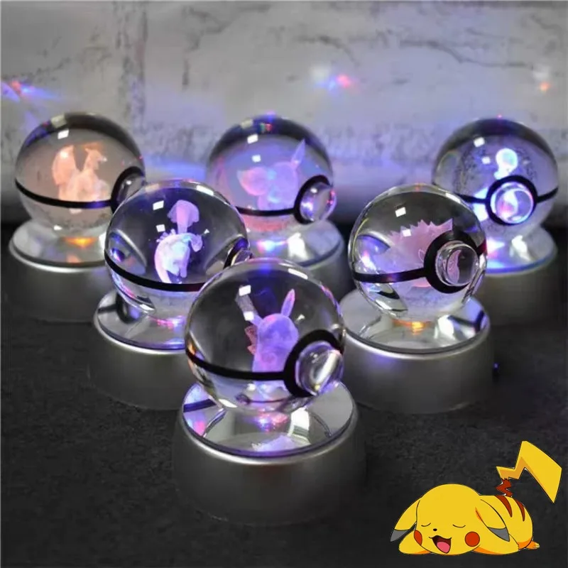 

Pokemon Crystal Ball 3D Pikachu Gengar Mewtwo Night Light Lamp Pokeball 3D Glass Pokemon Crystal Ball Statue Christmas Gift