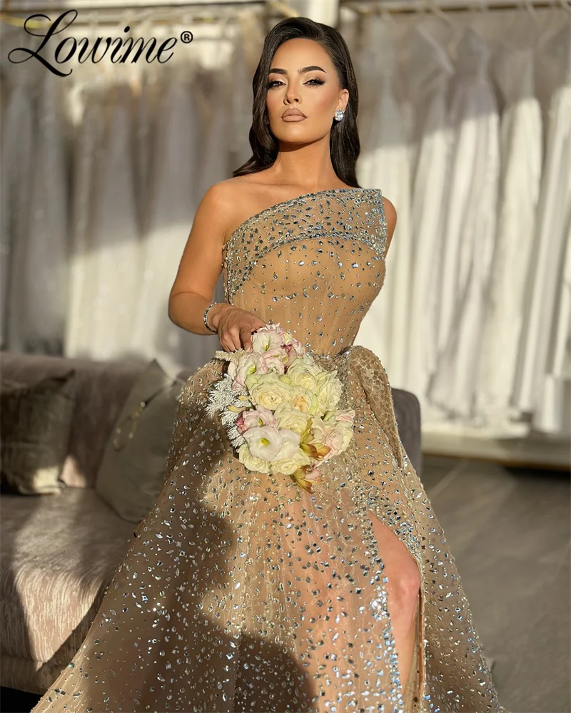 Heavy Crystals Celebrity Dresses Luxury Arabic Evening Dress 2024 Couture Prom Party Gowns For Weddings With High Split Side