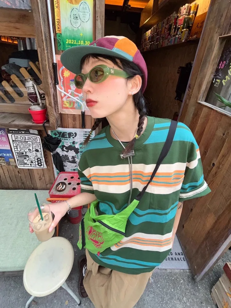 Hikigawa Chic Fashion Women Japanese Striped T-Shirts Summer New Contrast Color Patchwork Streetwear O Neck Loose Tops Mujer