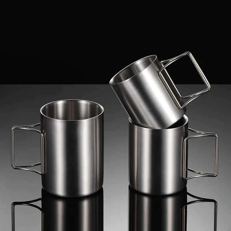 

200-400ml Double-layer Stainless Steel Mugs Outdoor Camping Water Beer Mug Hike Handle Picnic Cups Family Friends Drinking Set