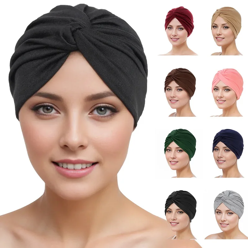 2023 Fashion Stretch Polyester Twisted Muslim Turban Cap Daily Women Popular Hair Care Bonnets