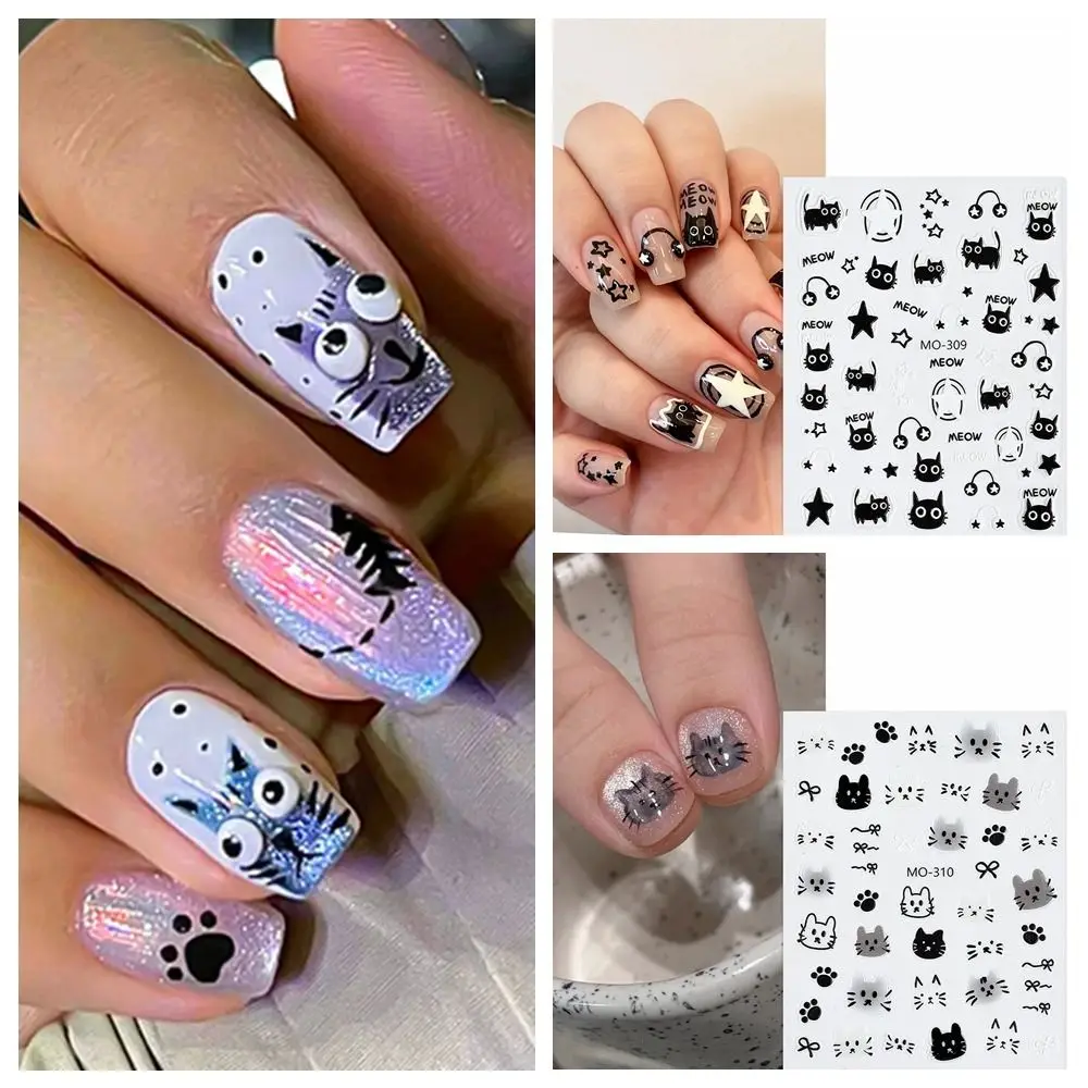 Graffiti 3D Black Cat Nail Stickers Cute Earphone Nail Art Decoration Letters Bow Manicure Accesories Girl