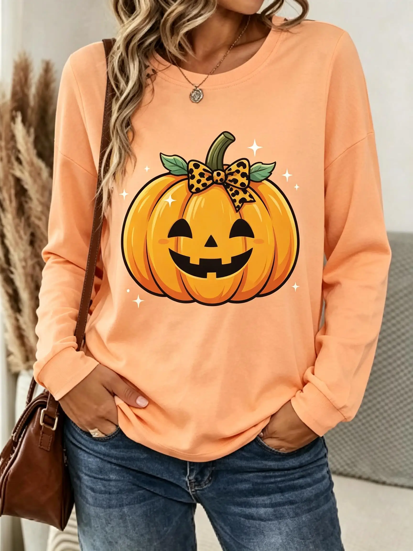 Women Long Sleeve Tee Top Cute Sheep Leopard Collar Print Autumn Fashion Casual Round Neck Sweatshirt Women's Clothes