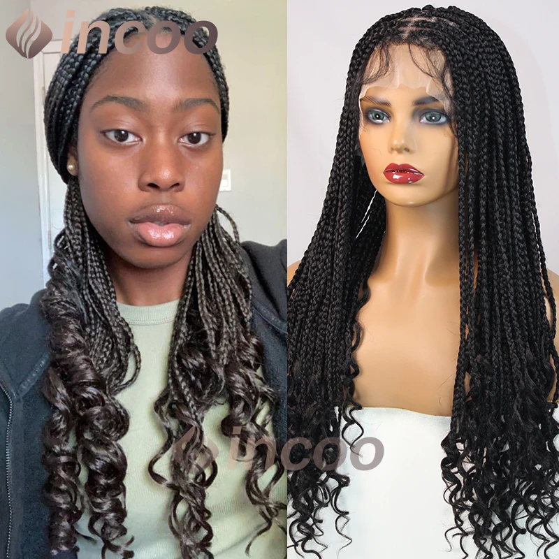 24 Inch Synthetic French Curl Braid Wig Full Lace Box Braids Goddess Wig with Wave Curly Ends Knotless Cornrow Plait Braided Wig