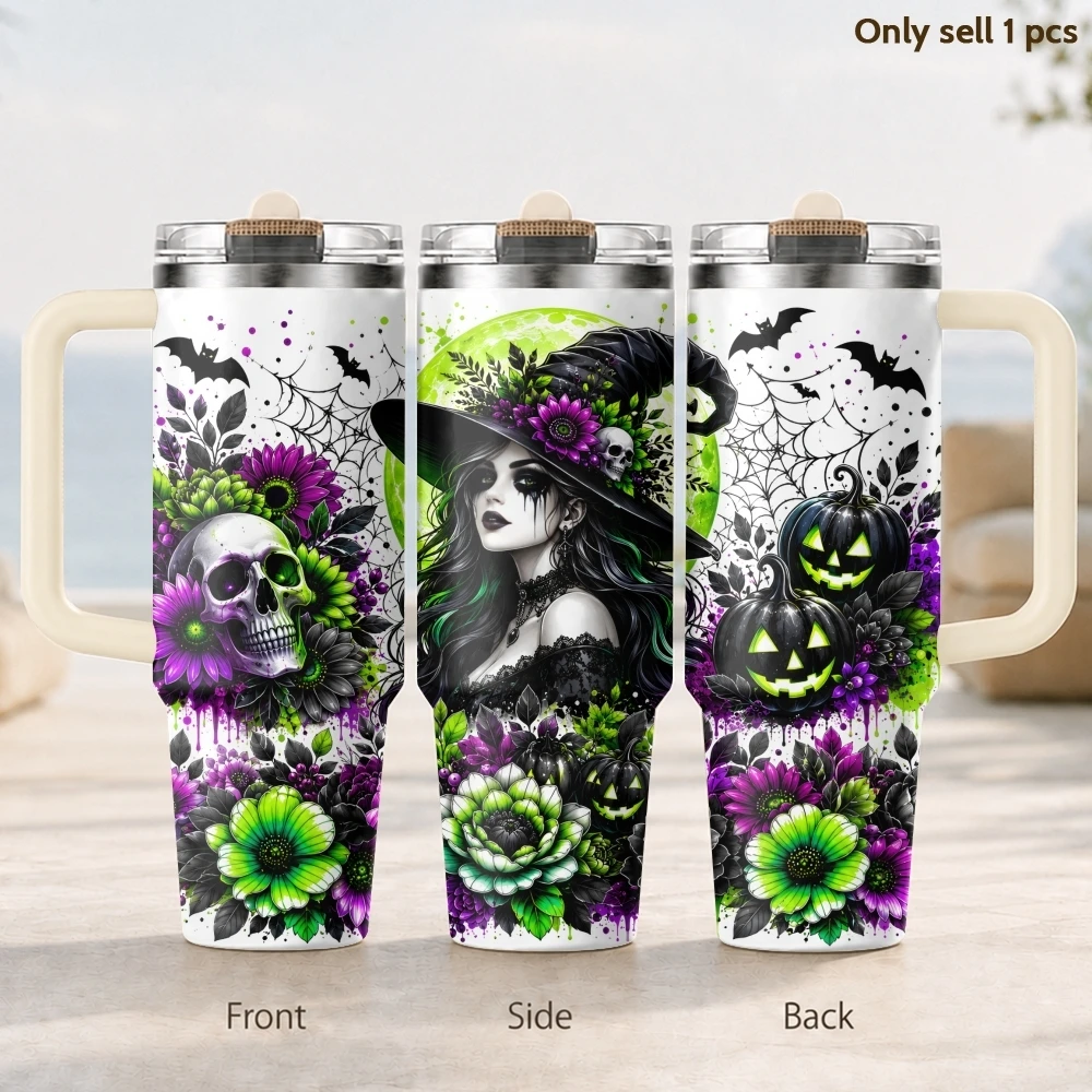 Halloween Witch Design Vacuum Flasks 40oz 3rd Gen Vacuum Insulated Stainless Steel Car Tumbler Cup with Handle Straw Lid