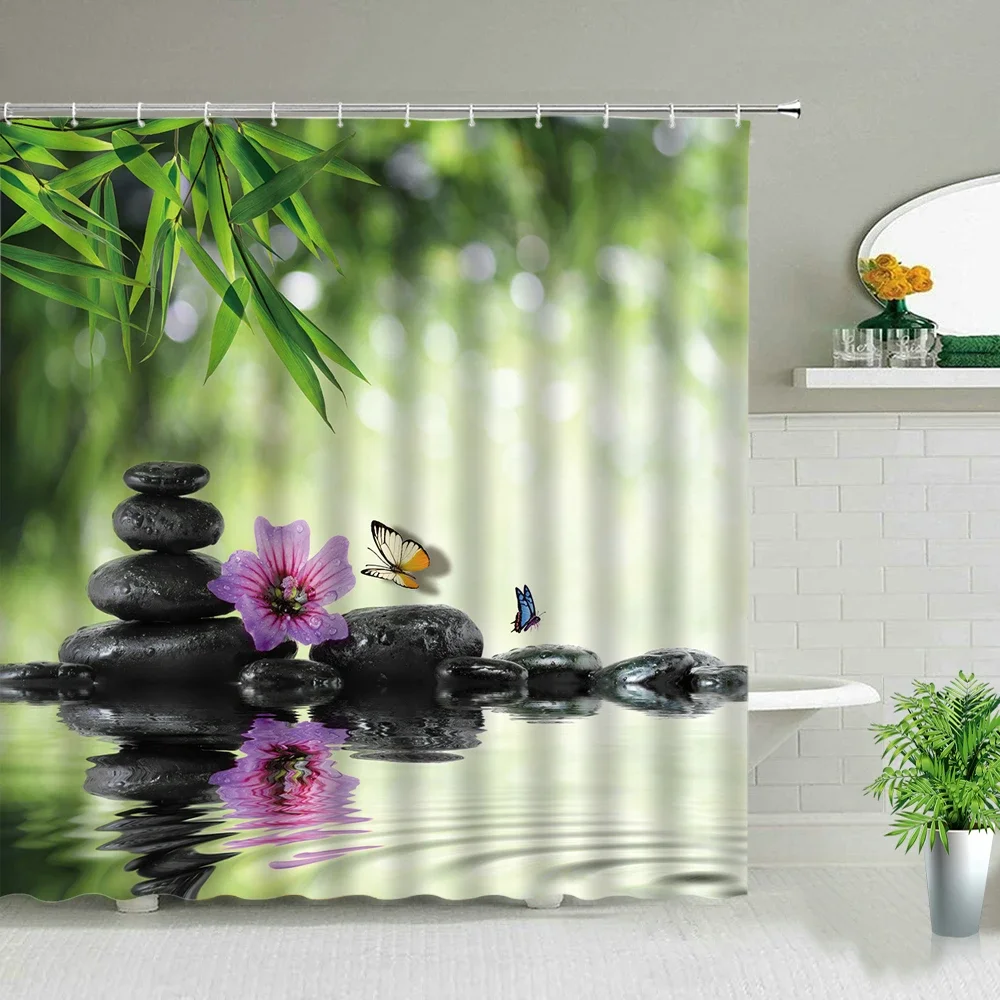 Green Bamboo Zen Stone Flower Chinese Style Landscape Shower Curtains Plant Scenery Bathroom Decor Screen Bath Curtain With Hook