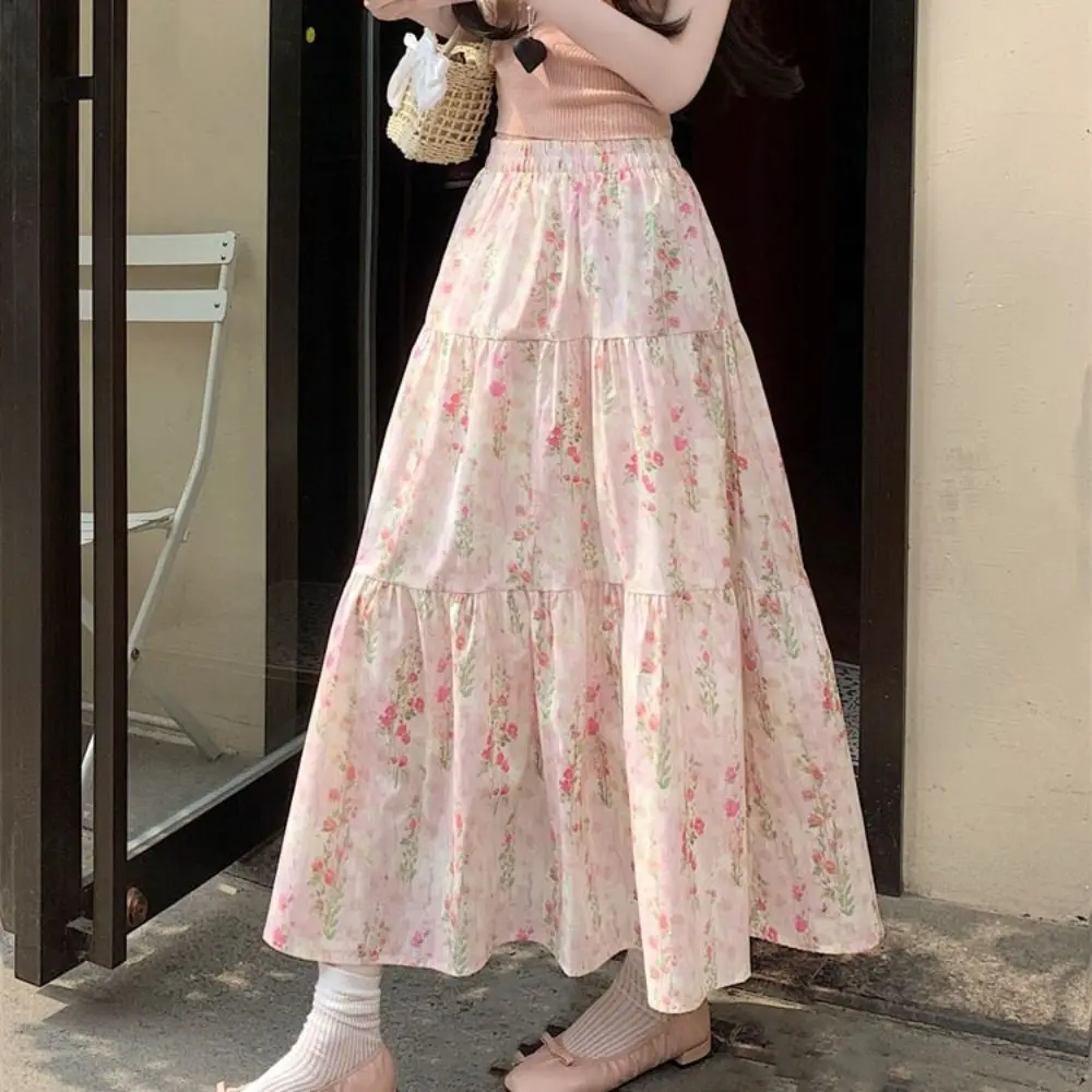 Gonna lunga floreale a vita alta alla moda Gonna lunga a vita alta con fiore sottile da donna Gonna a strati a trapezio stile dolce Ins da spiaggia