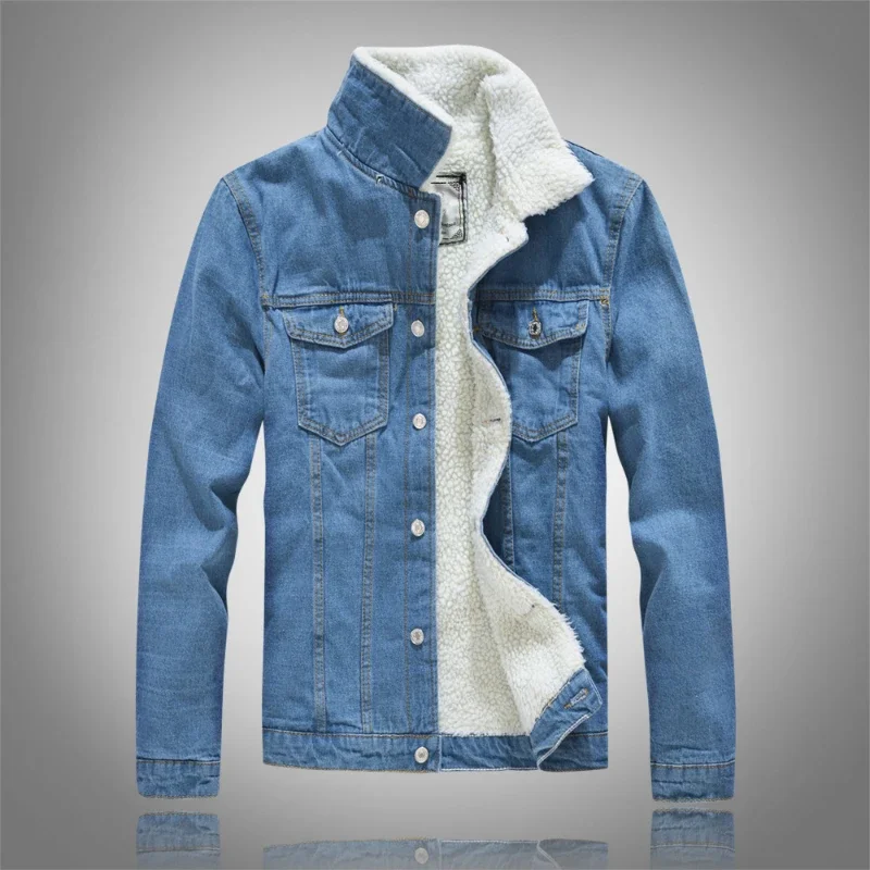 

Men New Coat Thick Denim Jackets Turn Down Collar Lamb Wool Coats Full Sleeve Casual Splice Single Breasted Jacket Autumn Winter