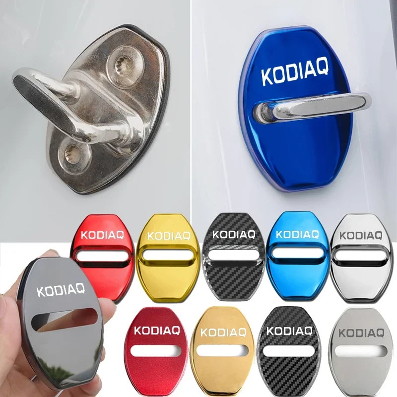 4PCS/Set for Skoda KODIAQ Logo Badge Fashion Stainless Steel Carbon Car Covers Door Lock Cover Protective Case Sticker Styling