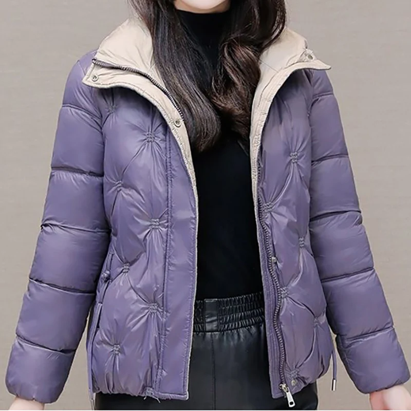 

Autumn Winter Bright Face Women Parkas Drawstring Floral Fashion Elegant Short Thicken Coat Office Lady Slim Down Cotton Jacket